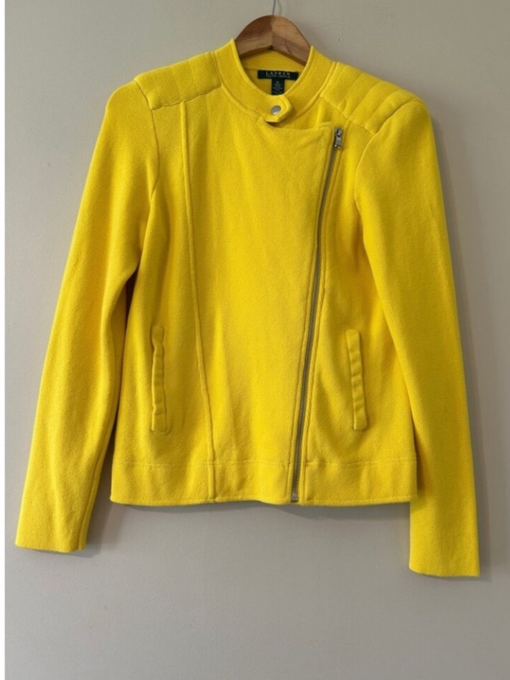 Ralph Lauren Yellow Moto Style Medium Sweater Asymmetrical Zip 100% Cotton Prep